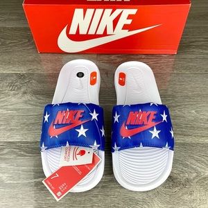 Red White Blue Patriotic USA Nike Star Print Slides,Mens 7, Womens 8.5
